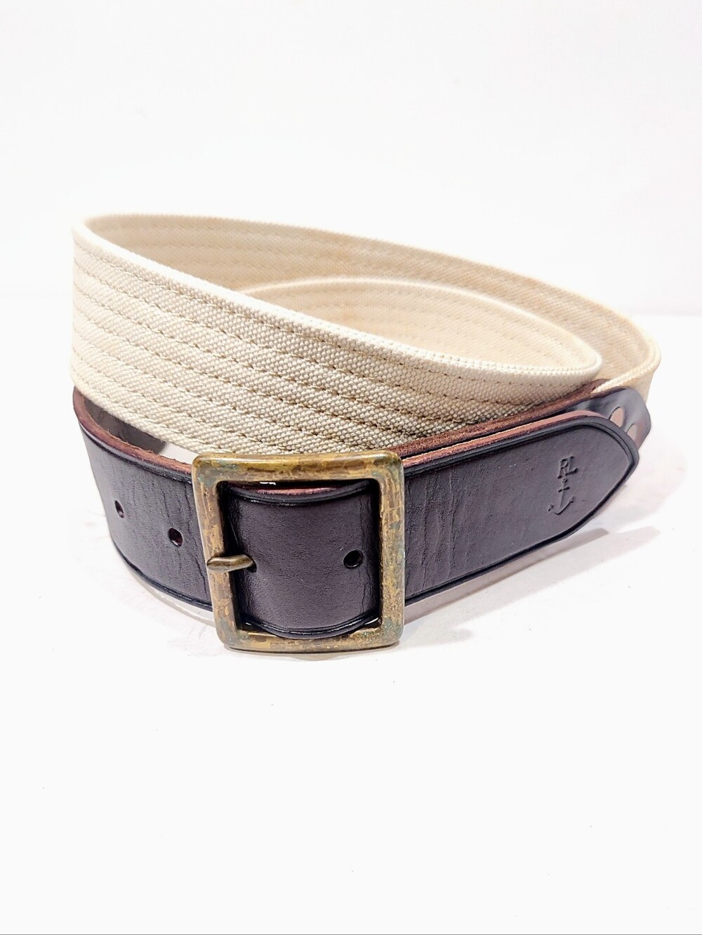 Polo Ralph Lauren Men's Woven Canvas Belt Cream Brown Leather Size 38